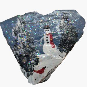 Hand Painted Snowman Scene  Brooch Heart Shaped Slate Stone Glitter Accent OOAK